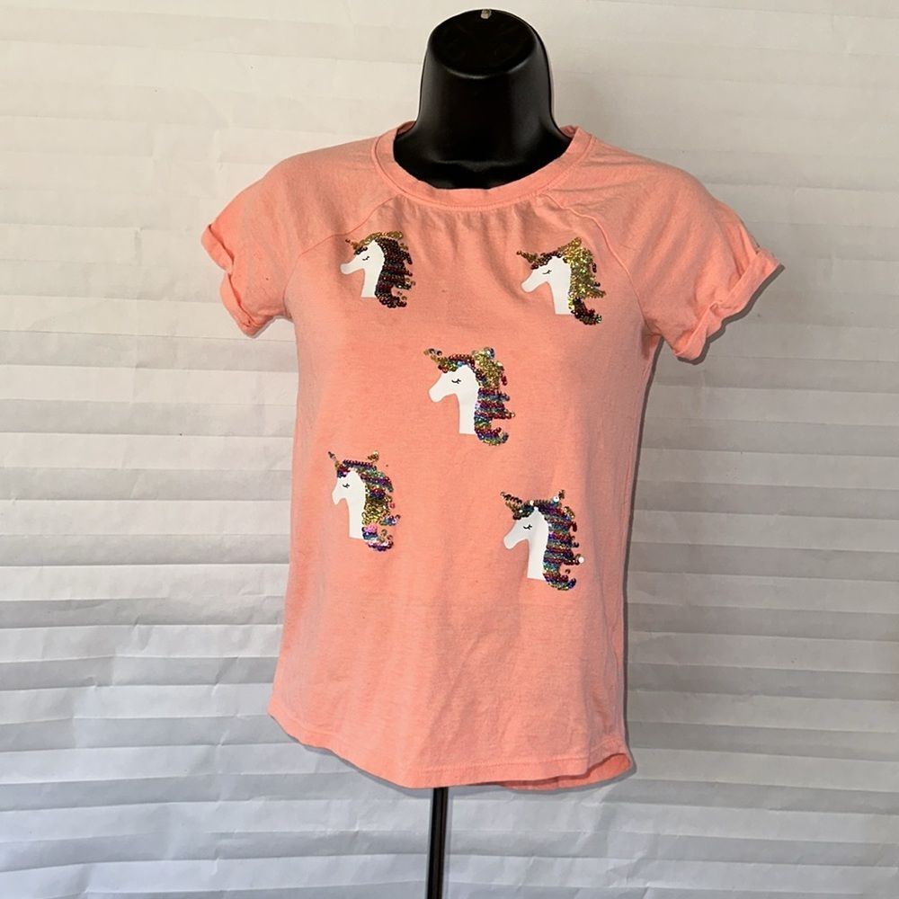Cat & Jack Girls Unicorn Sequin T-Shirt Size 10-12 Orange Short Sleeve Tee Top